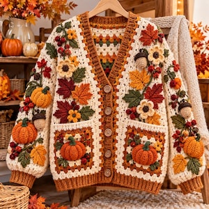May include: A cream-colored crochet cardigan featuring a granny square pattern and intricate 3D appliques of orange pumpkins, brown acorns, red berries, and multicolored autumn leaves. The garment has five brown buttons and two front pockets.