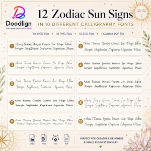 May include: A digital product display titled 12 Zodiac Sun Signs in 10 Different Calligraphy Fonts. It features ten numbered boxes, each showcasing the twelve zodiac signs in a unique script style, alongside icons for JPEG, PNG, SVG, and PDF files.
