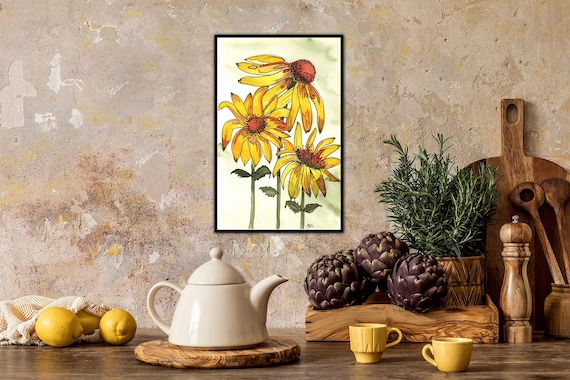 Black Eyed Susan Original Watercolor Painting Giclee Print On Framed Canvas Wall Decor Fine Art