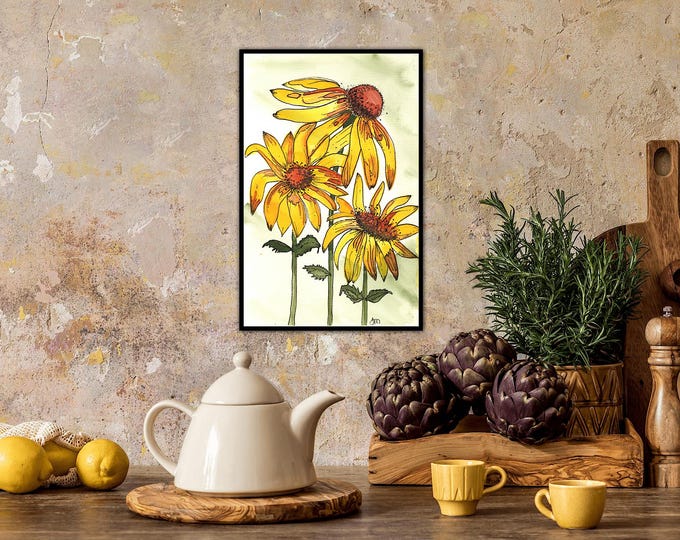 Black Eyed Susan Original Watercolor Painting Giclee Print On Framed Canvas Wall Decor Fine Art