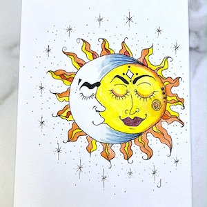 Envelope de cartão de nota de lua aconchegante com sol sonolento impresso em Fine Art por LaDeeDah Designs Conjunto de dois