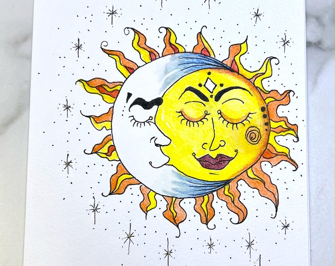 Cozy Moon With Sleepy Sun Note Card Envelope Printed From Fine Art By LaDeeDah Designs Set of Two