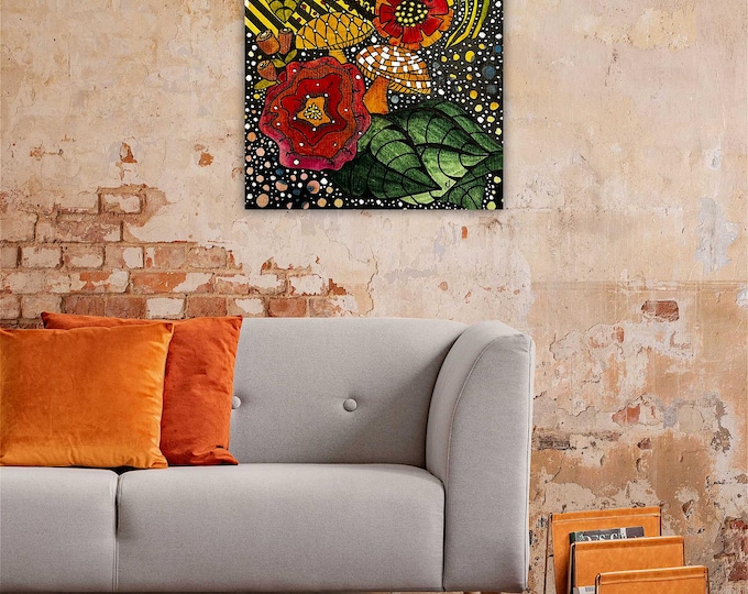 Earthy Floral Bright & Bold Garden Watercolor Print on Stretched Canvas Frame