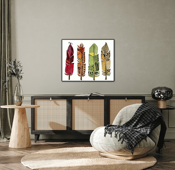 Abstract Four Feather Canvas Wrap From Original Multi Color Doodle Watercolor Painting Giclee Print Wall Decor Fine Art Gallery