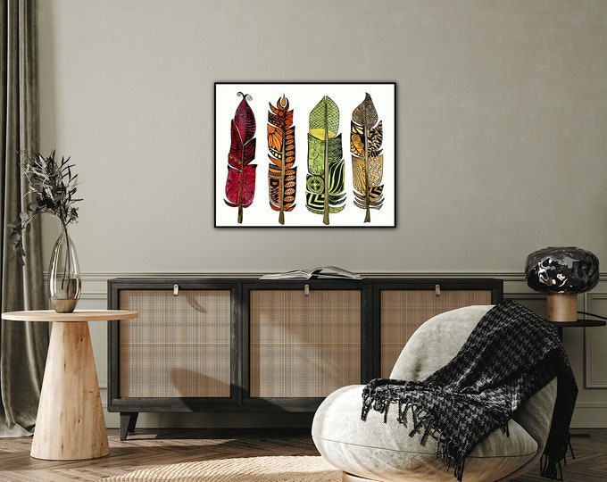 Four Feather Canvas Wrap From Original Multi Color Doodle Watercolor Painting Giclee Print Wall Decor Fine Art Gallery