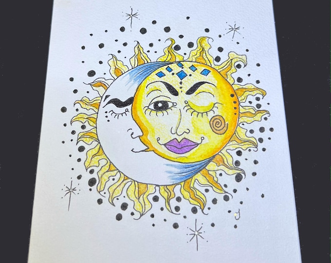 Cozy Moon With Sun Sparkles Note Card Envelope Printed From Fine Art By LaDeeDah Designs Set of Two