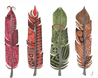 Four Doodle Feathers Original Bold Watercolor Painting On Giclee Print Stretched Canvas Wrap Wall Decor Fine Art LaDeeDah Designs