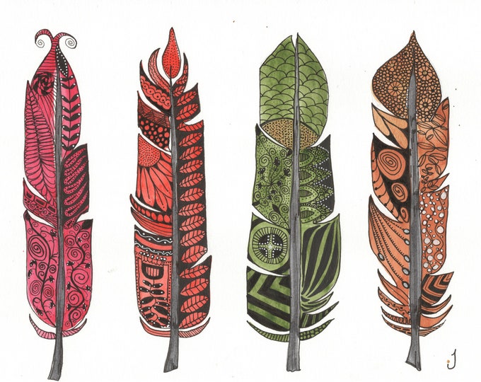 Four Doodle Feathers Original Bold Watercolor Painting On Giclee Print Stretched Canvas Wrap Wall Decor Fine Art LaDeeDah Designs