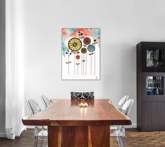 Abstract Circle Garden Contemporary Original Watercolor Painting Giclee Print On Canvas Wrap Wall Decor Fine Art