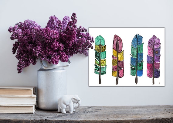 Canvas Wrap Bright Four Feather Original Multi Color Doodle Watercolor Painting Giclee Print On Canvas Wrap Wall Decor Fine Art Gallery