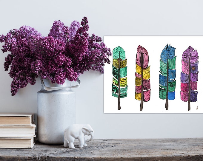 Giclee Print Bright Four Feather Contemporary Original Multi Color Doodle Watercolor Painting Giclee Wall Decor Fine Art Gallery
