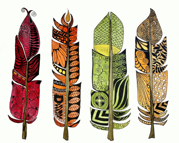 Abstract Four Feather Print From Original Multi Color Doodle Watercolor Painting Giclee Print On Fine Art Photographic Paper Wall Decor