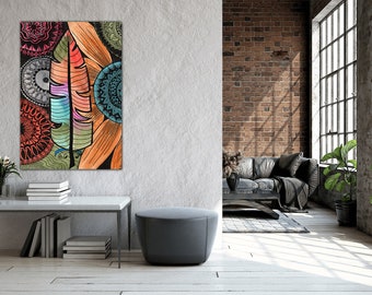 Feather Circle Doodle Original LaDeeDahDesigns Watercolor Stretched Canvas Giclee Print Fine Art Wall Decor