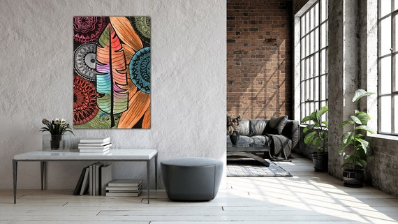 Abstract Feather Circle Doodle Original LaDeeDahDesigns Watercolor Stretched Canvas Giclee Print Fine Art Wall Decor
