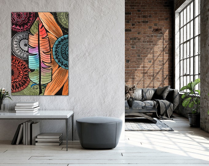 Feather Circle Doodle Original LaDeeDahDesigns Watercolor Stretched Canvas Giclee Print Fine Art Wall Decor