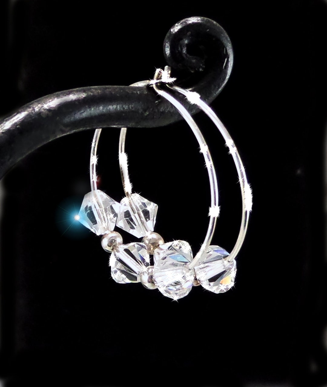 Genuine Sterling Silver Hoop Earrings Swarovski Clear Crystal Etsy