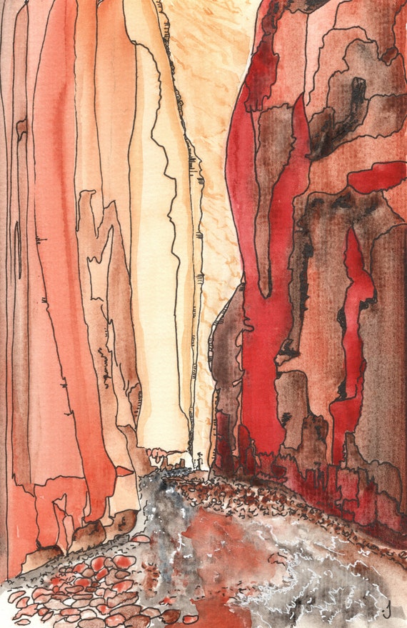 Abstract Slot Canyon Original Watercolor Painting Giclee Print Wall Decor One of a Kind Fine Art