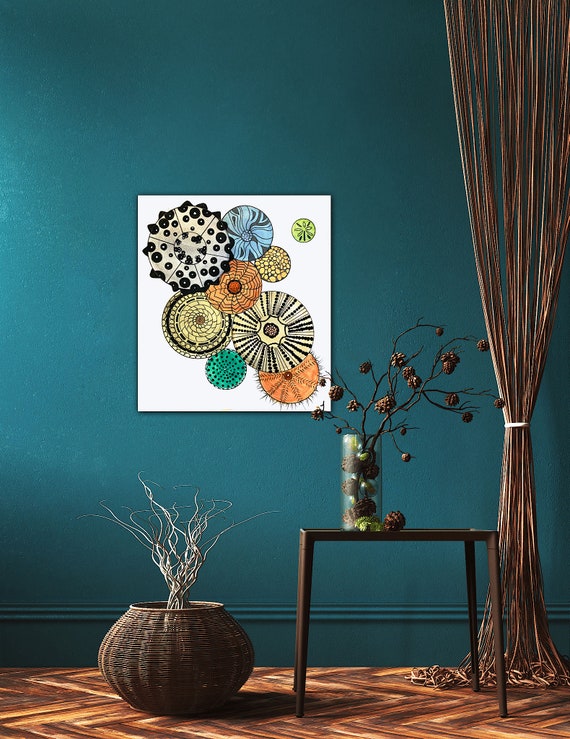 Abstract Sand Dolar Five Original Watercolor Painting Print On Canvas Wrap Wall Decor Fine Art Giclee Printing