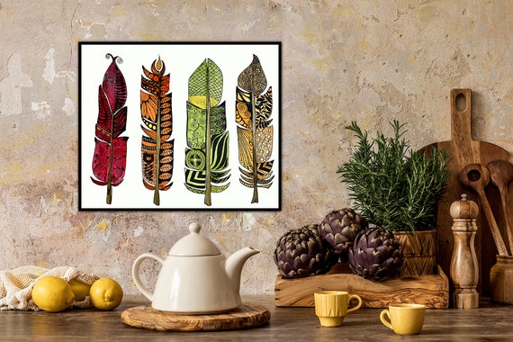 Four Feather Canvas Wrap From Original Multi Color Doodle Watercolor Painting Giclee Print Wall Decor Fine Art Gallery