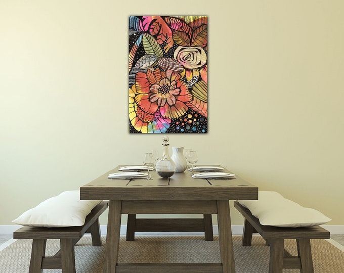 Deep Floral Garden Original Earth Color Watercolor Painting Print On Canvas Wrap Wall Decor Fine Art Giclee Printing