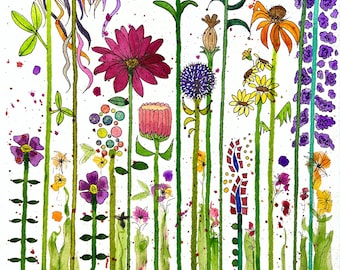 Happy Floral Garden Original Watercolor Painting On Giclee Print Art Quality Paper Wall Decor Fine Art LaDeeDah Designs