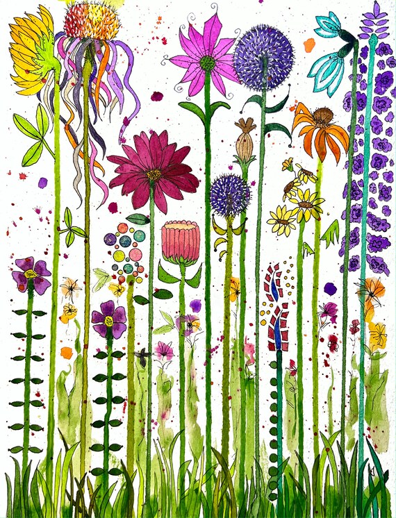 Abstract Happy Floral Garden Original Watercolor Painting On Giclee Print Art Quality Paper Wall Decor Fine Art LaDeeDah Designs