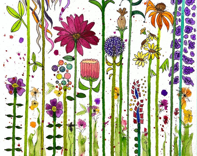 Happy Floral Garden Original Watercolor Painting On Giclee Print Art Quality Paper Wall Decor Fine Art LaDeeDah Designs