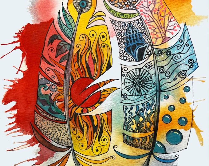 Earth Wind & Fire Feather Original Watercolor Painting On Giclee Print Art Quality Paper Wall Decor Fine Art LaDeeDah Designs