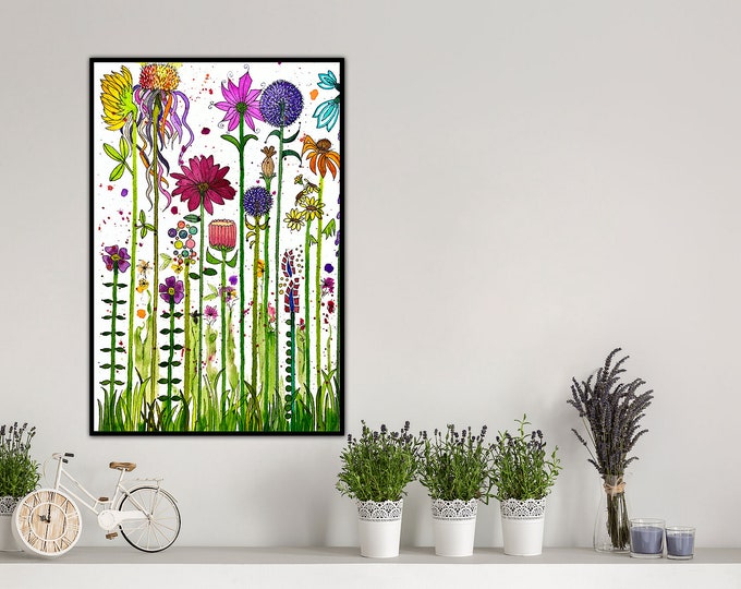 Happy Floral Framed Canvas Premium Floating Framed Canvas Wall Decor Fine Art Original Earth Color Watercolor Painting