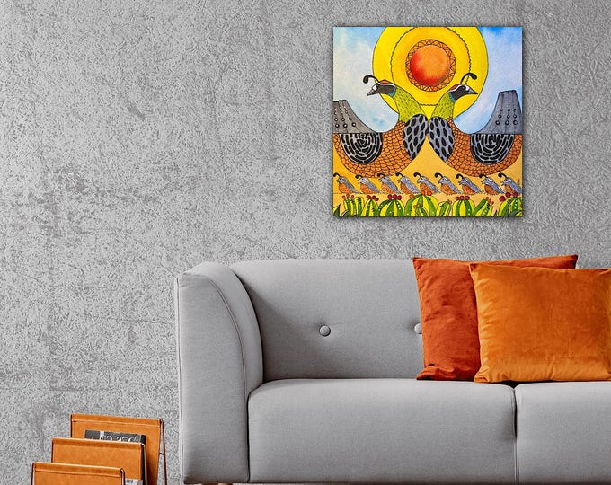 Desert Quail Kiss Original Watercolor Painting Giclee Print On Framed Canvas Wall Decor Fine Art