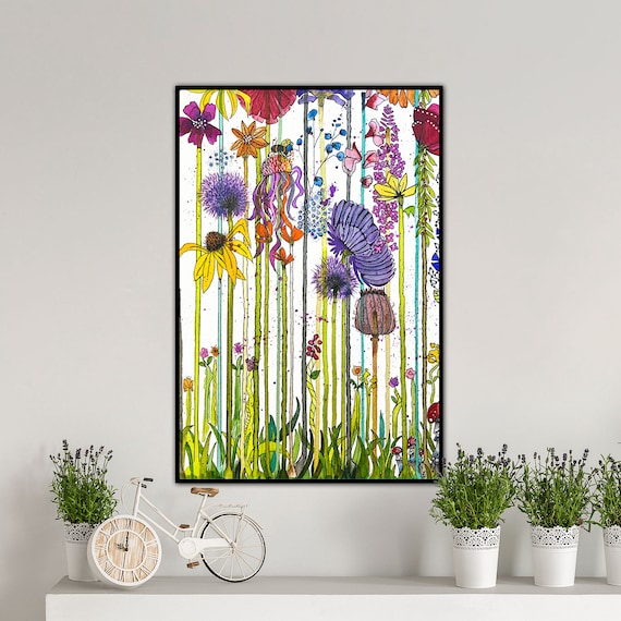 Abstract Happier Floral Garden Framed Canvas Premium Floating Framed Canvas Wall Decor Fine Art Original Earth Color Watercolor Painting