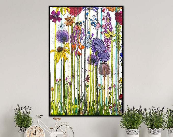Happier Floral Garden Framed Canvas Premium Floating Framed Canvas Wall Decor Fine Art Original Earth Color Watercolor Painting
