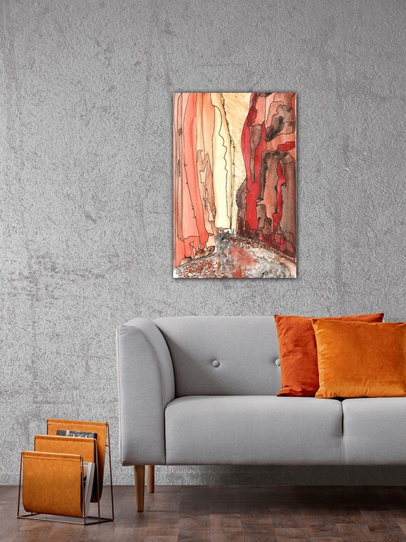 Slot Canyon Original Watercolor Painting Giclee Print On Canvas Wrap Wall Decor One of a Kind Fine Art