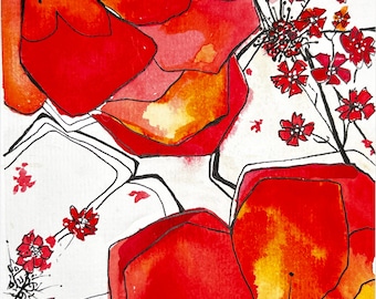 Abstract Floral Watercolor Painting: Red Flowers Giclee Art Print
