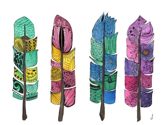 Abstract Giclee Print Bright Four Feather Contemporary Original Multi Color Doodle Watercolor Painting Giclee Wall Decor Fine Art Gallery