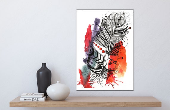 Feather Drip Two Original Watercolor Painting Giclee Fine Art Print Wall Decor Frame Stretched Canvas