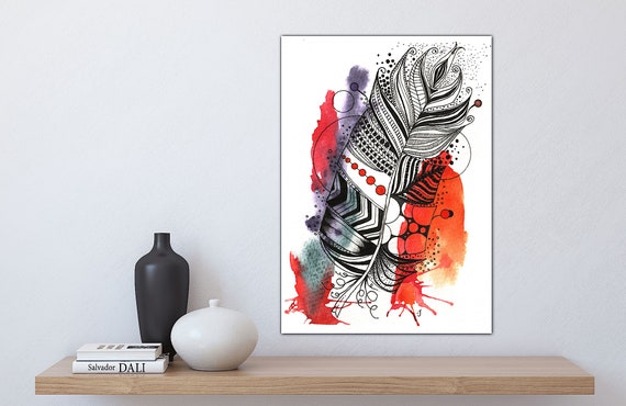 Feather Drip Two Original Watercolor Painting Giclee Fine Art Print Wall Decor Framed Stretched Canvas