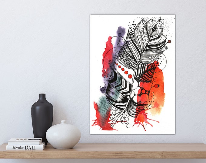 Feather Drip Two Original Watercolor Painting Giclee Fine Art Print Wall Decor Framed Stretched Canvas