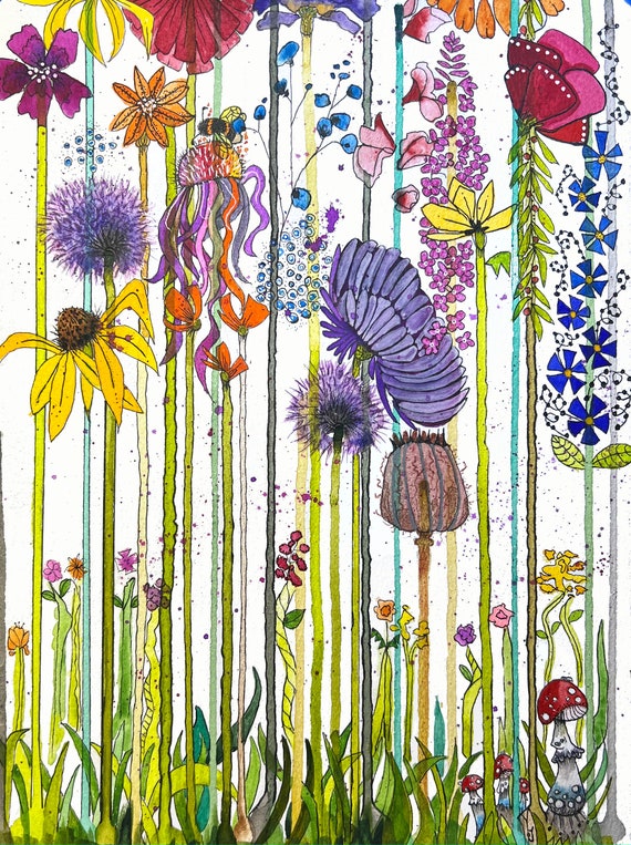 Abstract Happier Floral Garden Original Watercolor Painting On Giclee Print Art Quality Paper Wall Decor Fine Art LaDeeDah Designs
