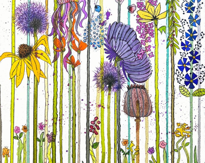 Happier Floral Garden Original Watercolor Painting On Giclee Print Art Quality Paper Wall Decor Fine Art LaDeeDah Designs