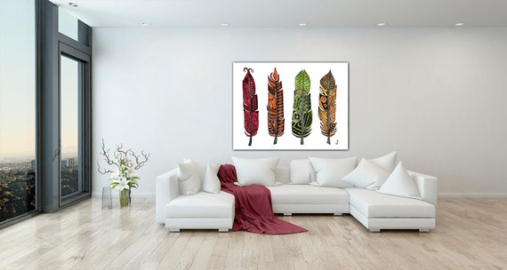 Four Doodle Feathers Original Bold Watercolor Painting On Giclee Print Stretched Canvas Wrap Wall Decor Fine Art LaDeeDah Designs