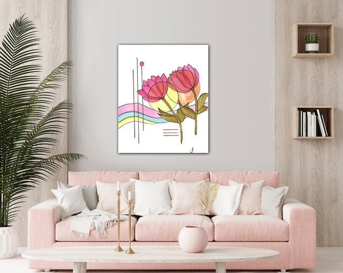 Flowing Circle Petals Pastel Watercolor Painting Giclee Print On Canvas Wrap Wall Decor Fine Art Gallery