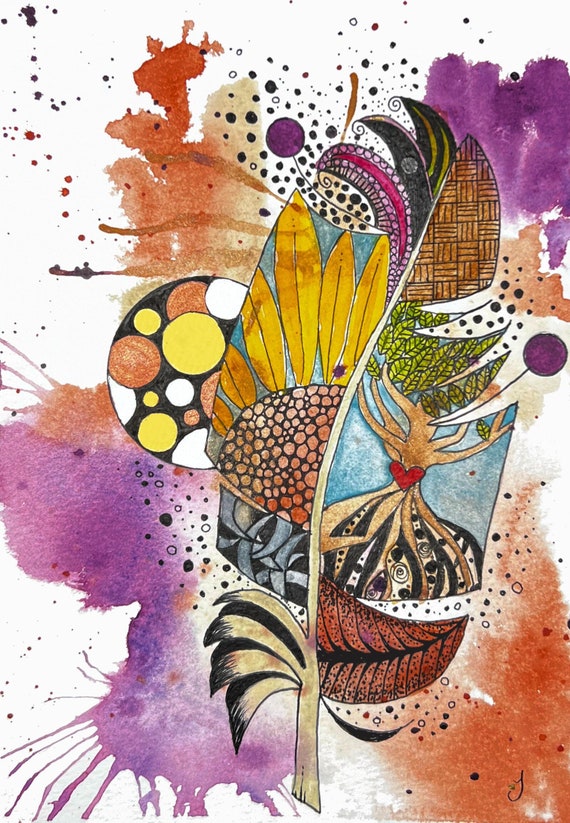 Abstract Earth Feather Original Watercolor Painting On Giclee Print Art Quality Paper Wall Decor Fine Art LaDeeDah Designs
