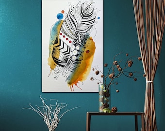 Feather Drip Collection Number Seven Original Watercolor Painting Giclee Print On Canvas Wrap Wall Decor Fine Art