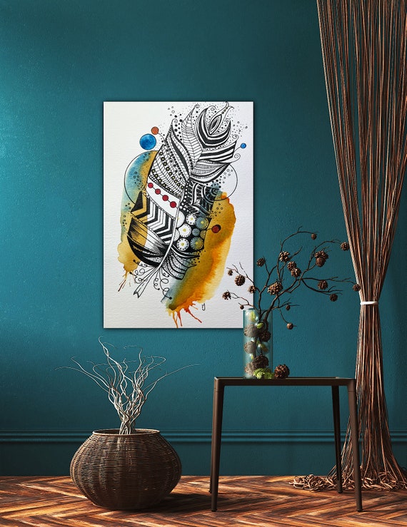 Abstract Feather Drip Collection Number Seven Original Watercolor Painting Giclee Print On Canvas Wrap Wall Decor Fine Art