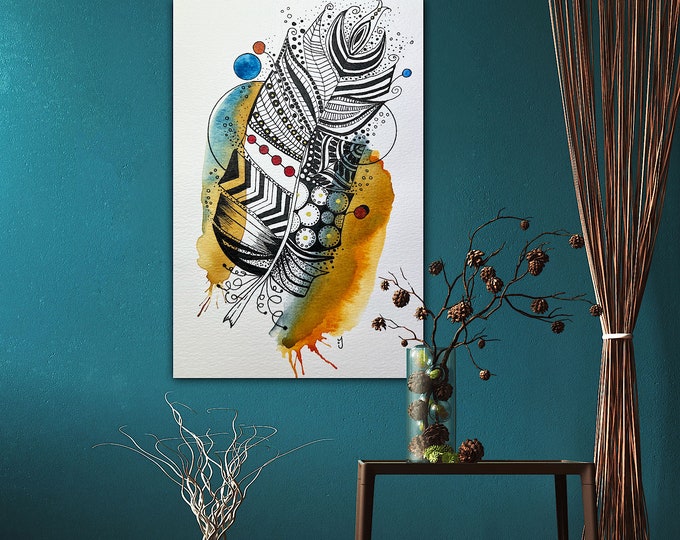 Feather Drip Collection Number Seven Original Watercolor Painting Giclee Print On Canvas Wrap Wall Decor Fine Art