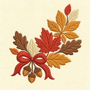 Broderidesign med höstlöv och rosett, höstens ekollon och botaniska maskinsöm (digital fil)
