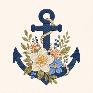 May include: An embroidery design featuring a dark blue anchor wrapped in a tan rope, decorated with a cluster of flowers in white, light blue, and peach, accompanied by green leaves and small blue berries on a light cream-colored fabric background.