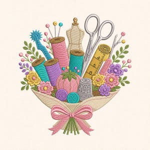 Sewing Bouquet Embroidery Design, Scissors Thread Spools Quilting Machine Embroidery File (Digital Download)