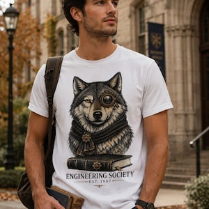 Steampunk Wolf Back to School Shirt, Engineering Society EST. 1887 Tee, Vintage Mechanical Wolf T-Shirt, Bella Canvas 3001 Gift